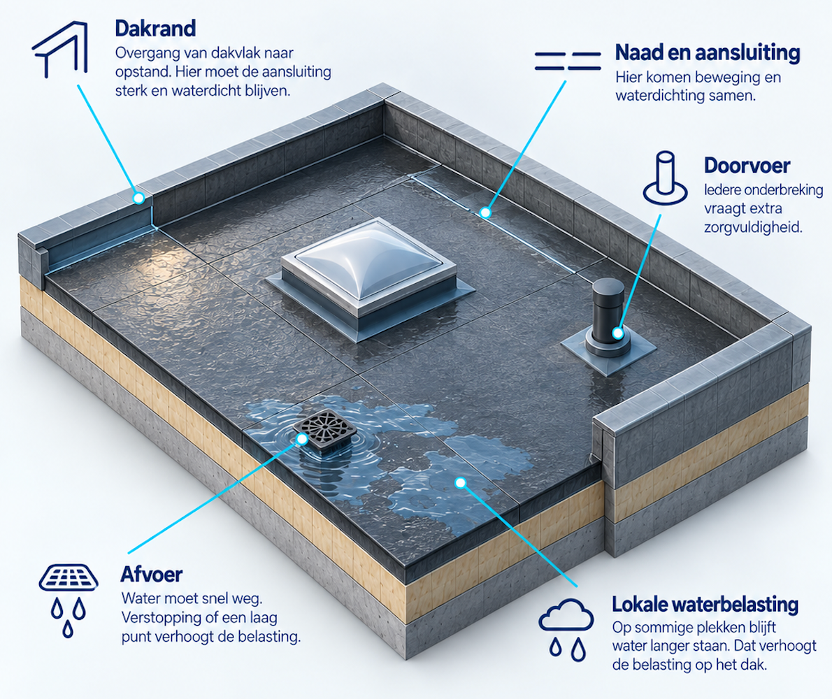 Kwetsbare zones op een bestaand plat dak.